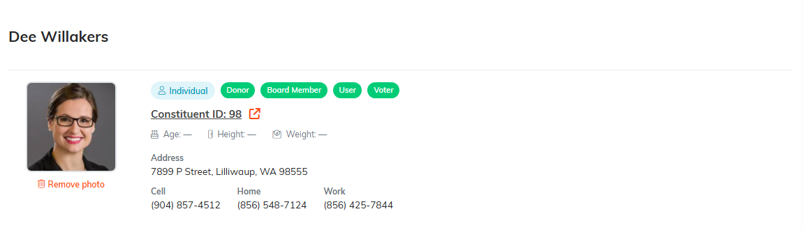 The constituent card showing the photo, affiliations, address and phone numbers