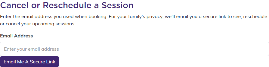 The Cancel or Reschedule a Session page with the Email Address box and Email Me A Secure Link