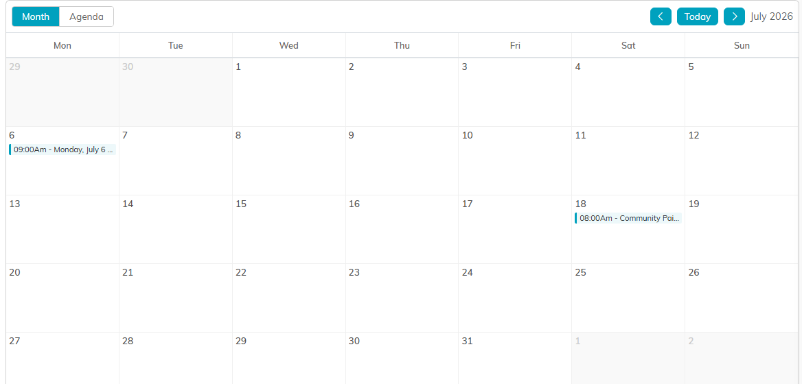 The volunteer task calendar in month view with tasks on their scheduled days
