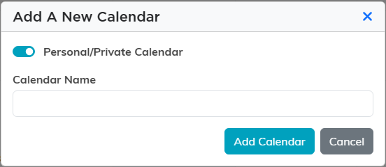The Add A New Calendar box with the Personal or Private Calendar switch and the Calendar Name field
