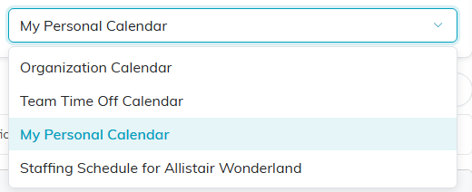The calendar dropdown open at the top right, listing the calendars you can open