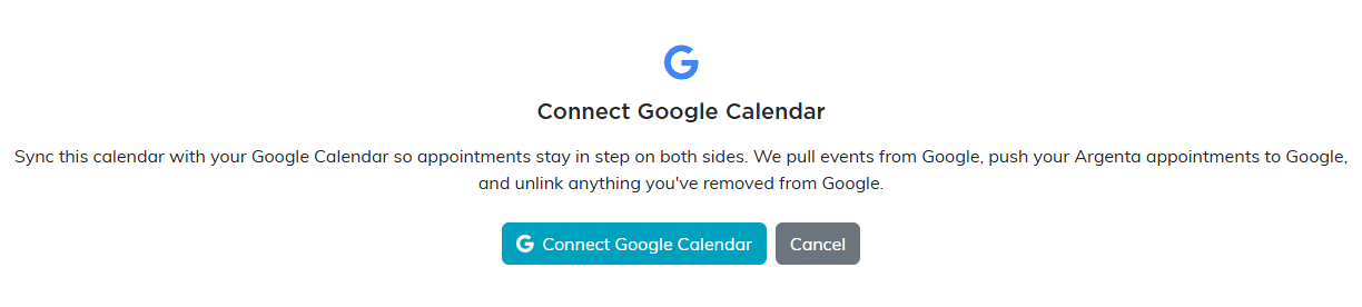 The Connect Google Calendar panel with its explanation and the Connect Google Calendar button