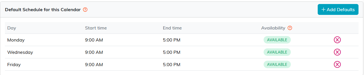 The Default Schedule table with Monday, Wednesday and Friday saved and marked Available