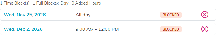 The block list under the line counting time blocks, full blocked days and added hours, showing one all-day block and one time-range block, each tagged BLOCKED