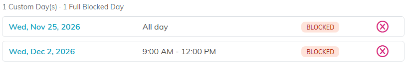The block list showing one all-day block and one time-range block, each tagged BLOCKED