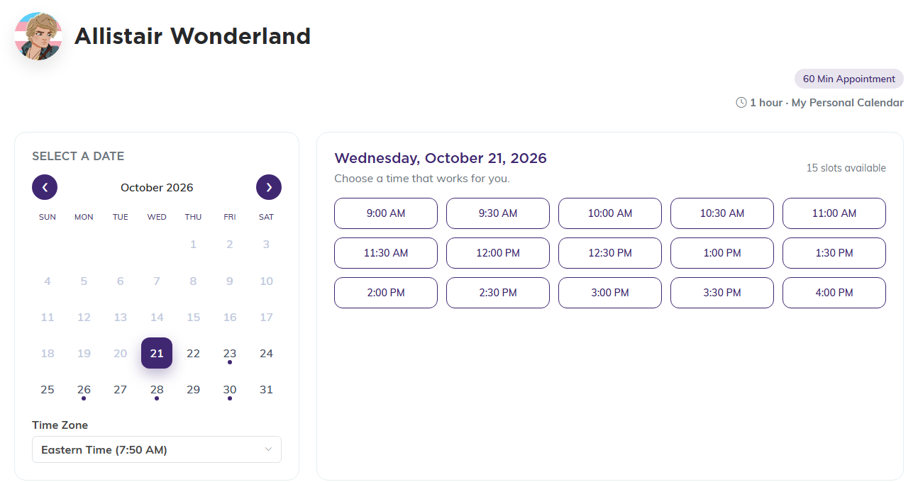 The public booking page with a month view of open dates, the Time Zone list under it, and the free times for the chosen date