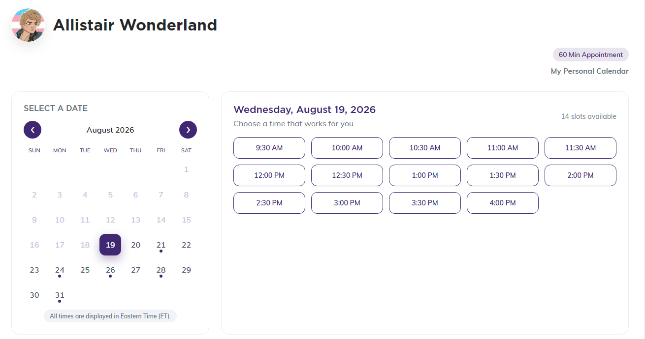The public booking page with a month view of open dates and the free times for the chosen date