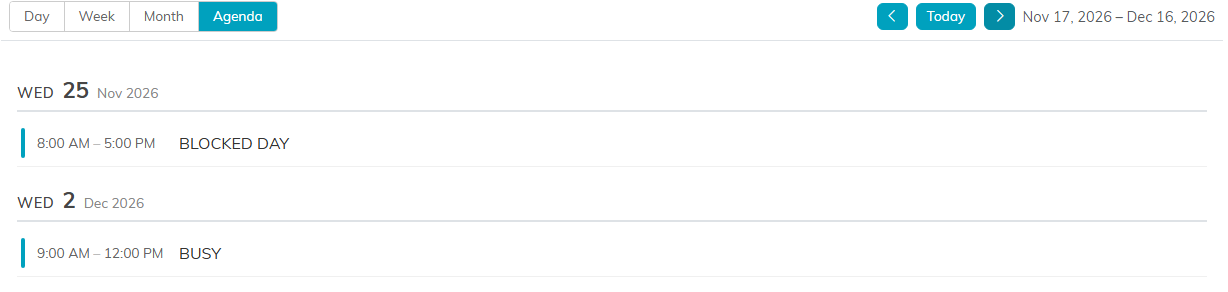 The calendar agenda showing a BLOCKED DAY entry and a BUSY entry