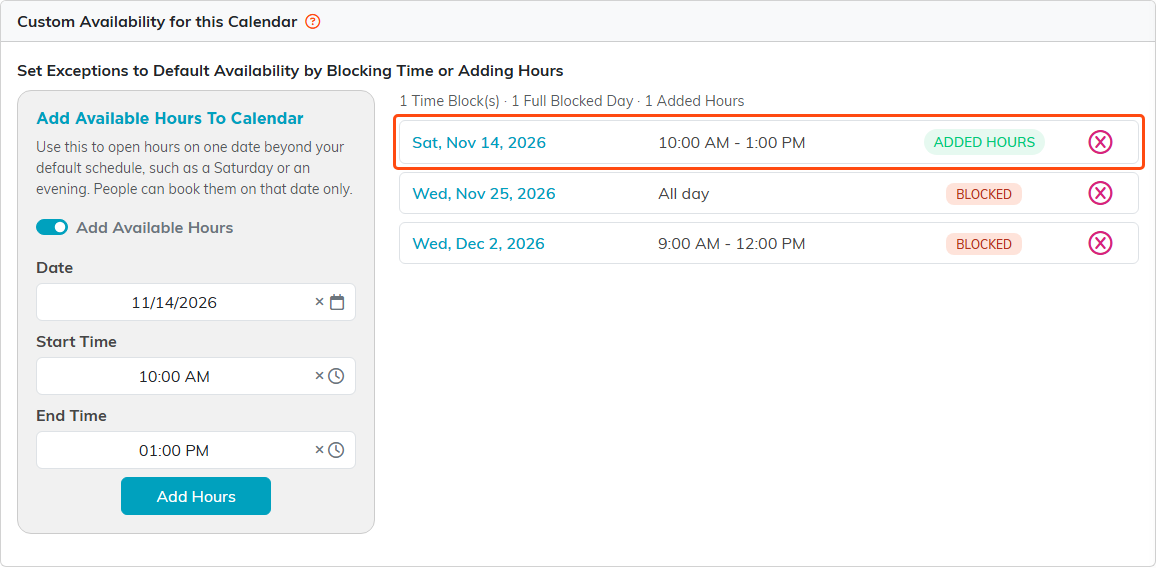 The Availability page with Add Available Hours switched on, the Add Available Hours To Calendar panel set to 11/14/2026 from 10:00 AM to 01:00 PM, and the new row tagged ADDED HOURS outlined in the list