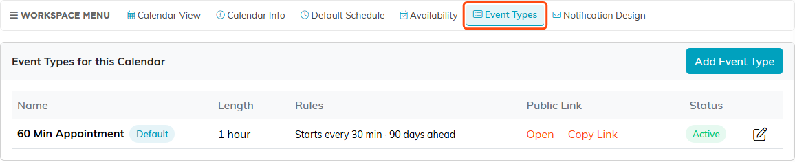 The calendar Workspace Menu with Event Types outlined, and the Event Types for this Calendar list showing 60 Min Appointment marked Default