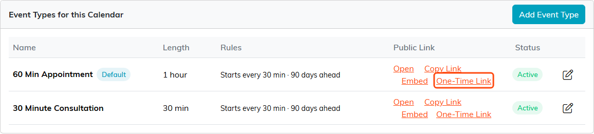 The Event Types list with 60 Min Appointment as the default and 30 Minute Consultation, each with Open, Copy Link, Embed and One-Time Link, with One-Time Link outlined