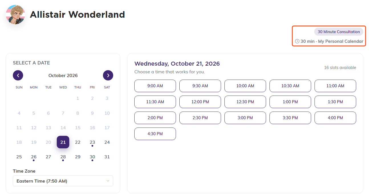 The public booking page for the 30 Minute Consultation event type, with the type name and its 30 minute length outlined above the date picker, the Time Zone list and the free times