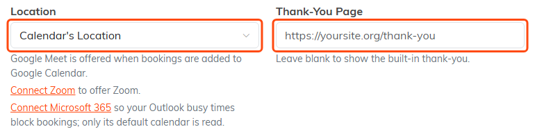 The event type form with the Location list set to Calendar's Location and the Thank-You Page box both outlined