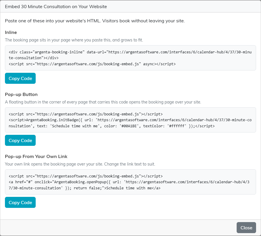 The Embed dialog for 30 Minute Consultation with the Inline, Pop-up Button and Pop-up From Your Own Link code, each with a Copy Code button