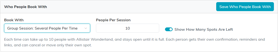 The Who People Book With card set to Group Session, with People Per Session and the Show How Many Spots Are Left switch