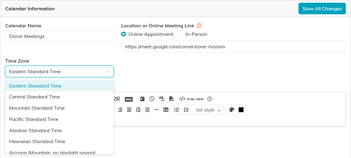 Calendar Info with Calendar Name, Location or Online Meeting Link, and the Time Zone list open