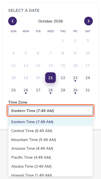 The public booking page date picker with the Time Zone list outlined and open under it, offering Eastern, Central, Mountain, Arizona, Pacific, Alaska and Hawaii Time
