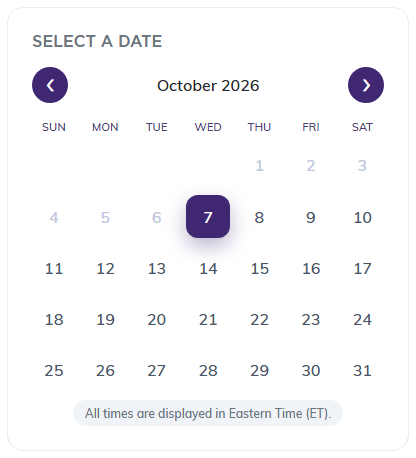 The public booking page date picker with the pill reading All times are displayed in Eastern Time (ET)