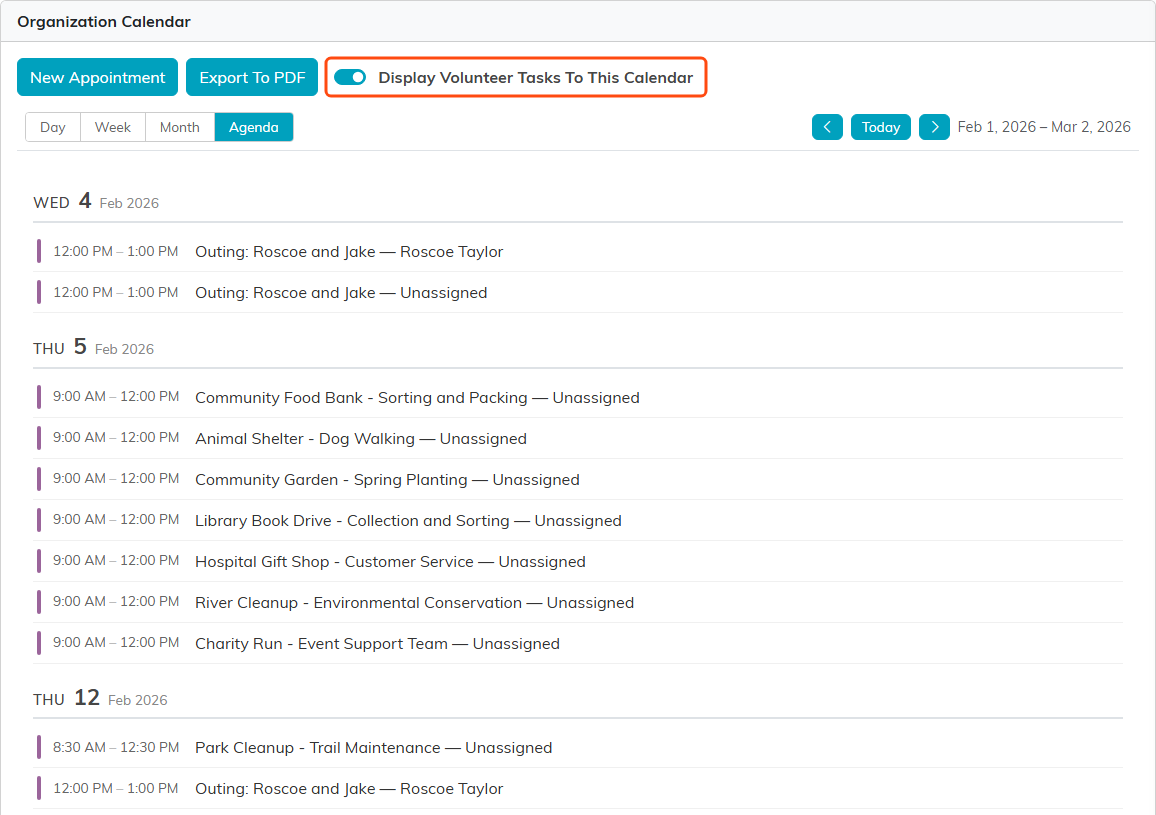 The Organization Calendar in Agenda view with the Display Volunteer Tasks To This Calendar switch turned on and boxed. The list shows volunteer shifts with their times, each named with the shift and the volunteer covering it, or Unassigned where nobody has signed up