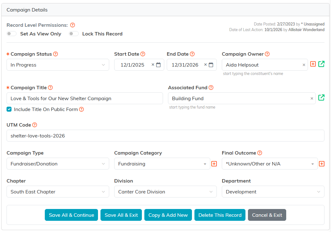 The Campaign Details tab with record permission switches, status, start and end dates, owner, title, associated fund, UTM code, type, category, final outcome, and chapter, division and department