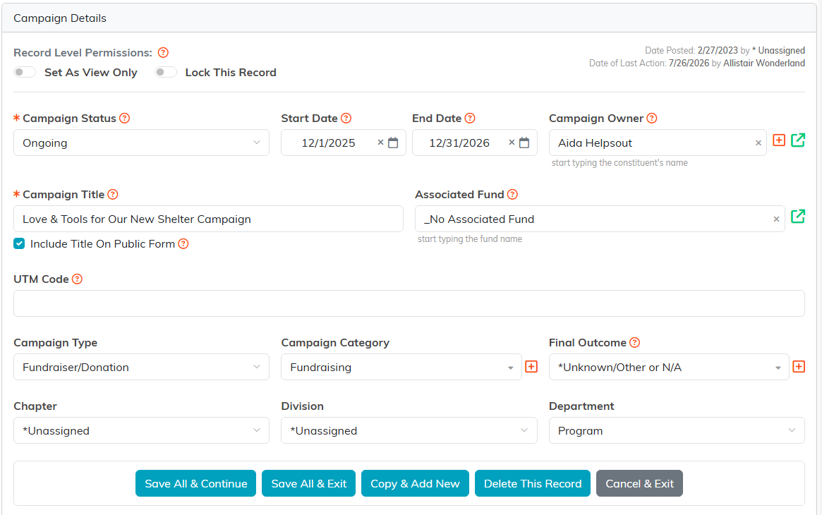 The Campaign Details tab with record permission switches, status, start and end dates, owner, title, associated fund, UTM code, type, category, final outcome, and chapter, division and department