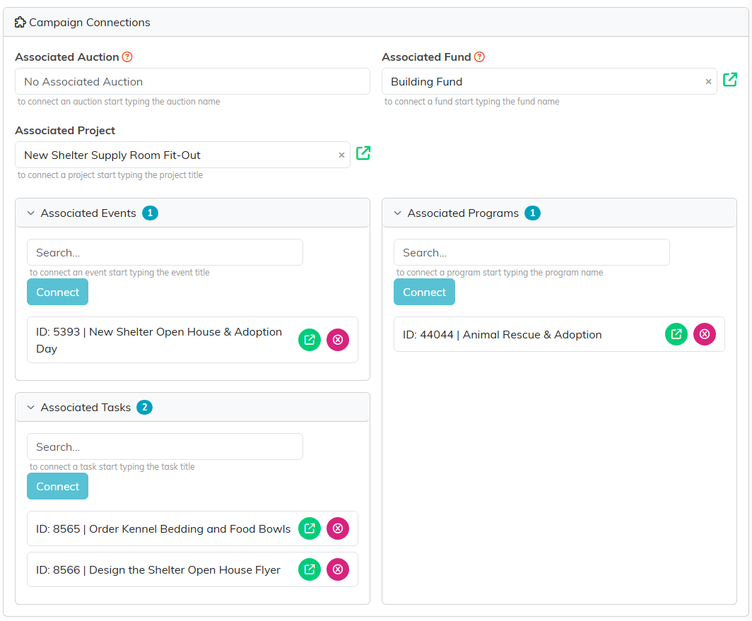 The Connections tab with lookups for associated auction, fund and project, and panels listing the connected events, programs and tasks