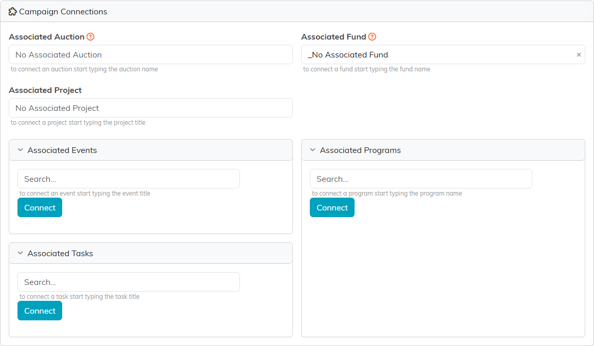 The Connections tab with single lookups for associated auction, fund and project, and panels for associated events, programs and tasks