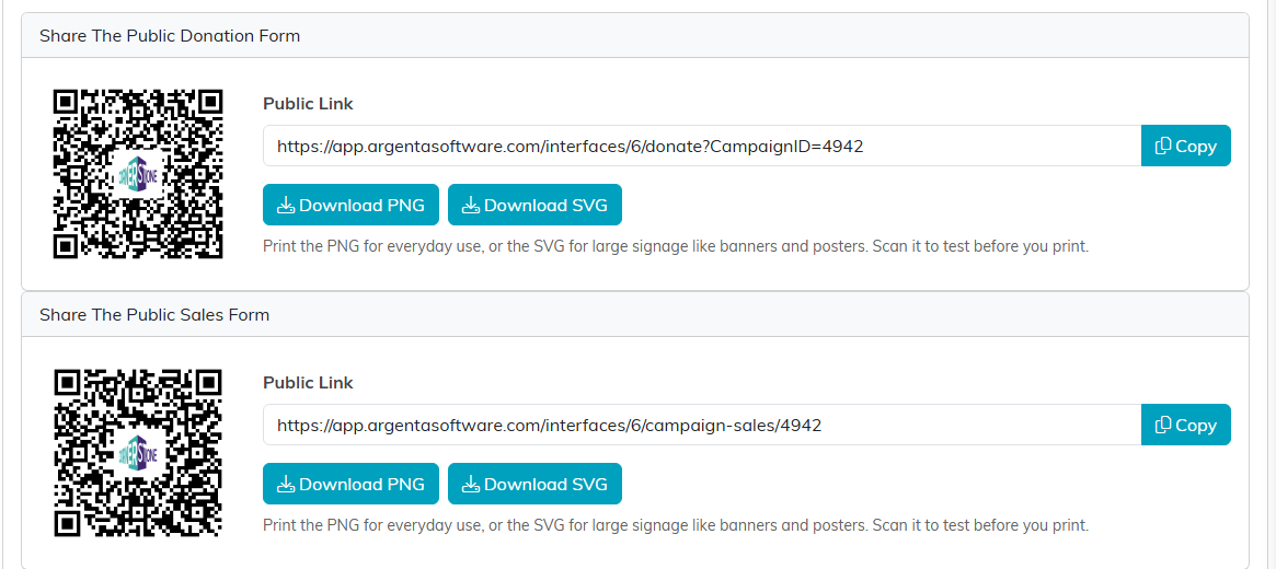 The two share cards on Public Form Design, each with a QR code, the public link, a Copy button, and Download PNG and Download SVG buttons