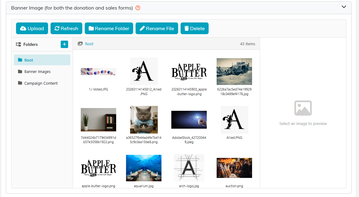 The banner image picker with Upload, Refresh, Rename Folder, Rename File and Delete buttons, a folder list, and a grid of image thumbnails