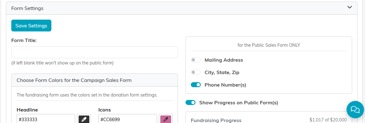 Form Settings with a form title field, color pickers for the sales form headline and icons, switches for mailing address, city state zip and phone number, and a Show Progress on Public Forms switch