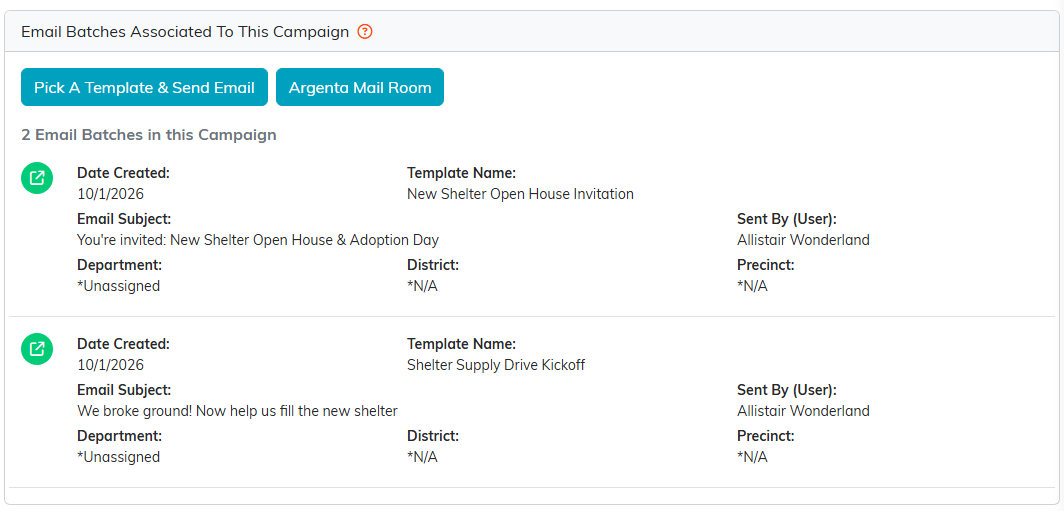 The Email Batches tab with Pick A Template and Send Email and Argenta Mail Room buttons above two email batches, each with its date, template, subject and sender