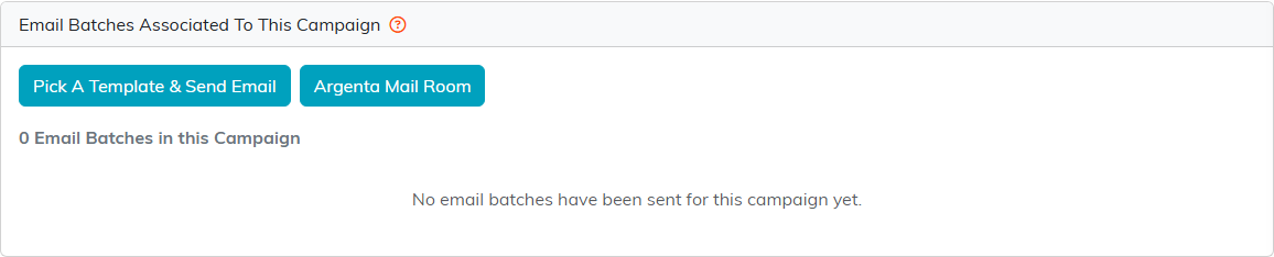 The Email Batches tab with Pick A Template and Send Email and Argenta Mail Room buttons above an empty batch list