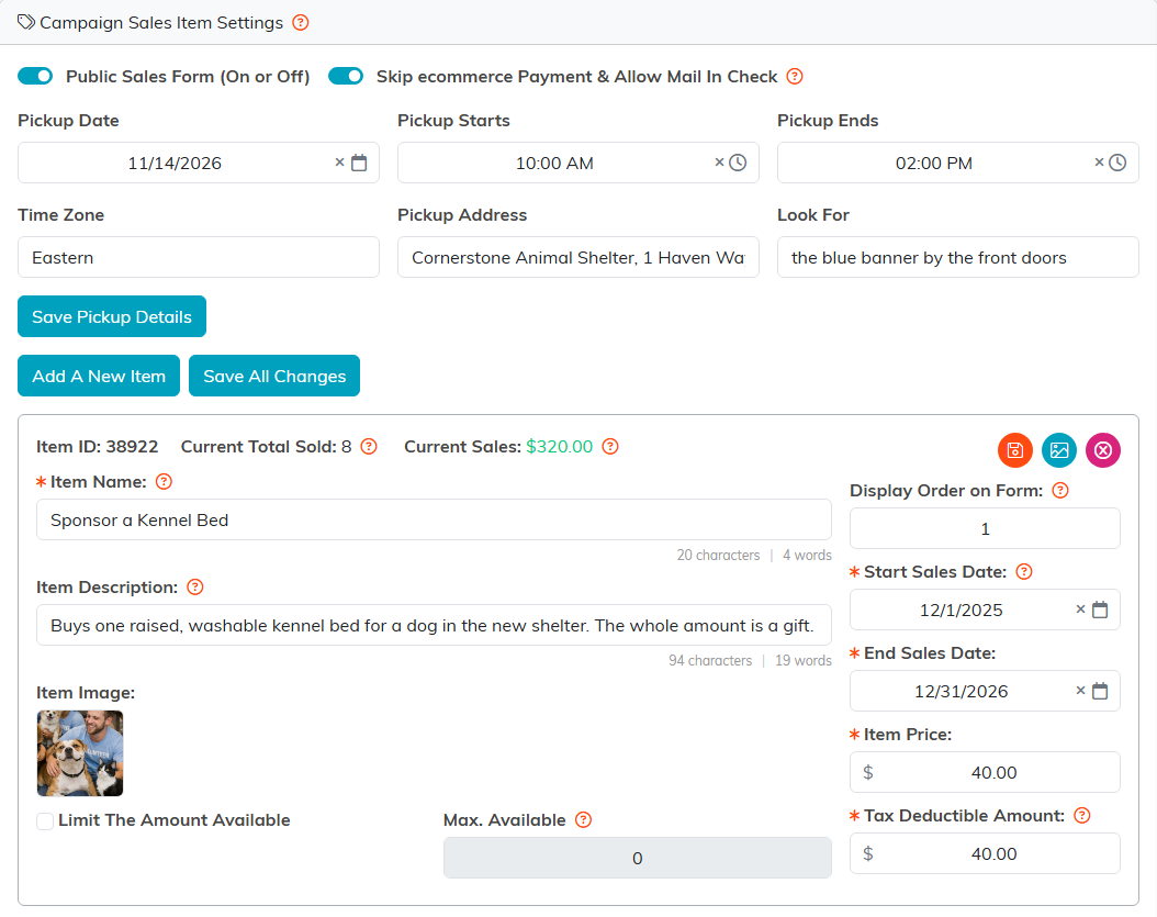 The Sales Item Settings tab with the public sales form and mail-in check switches, the pickup details, an Add A New Item button, and one item showing its name, description, picture, sales dates, price and tax deductible amount