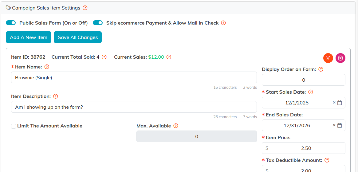 The Sale Item Settings tab with the public sales form and mail-in check switches, an Add A New Item button, and one item showing its name, description, availability cap, display order, sales dates, price and tax deductible amount