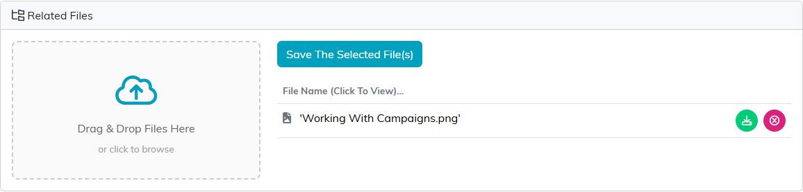 The Campaign Files tab with a drag and drop zone and a save button