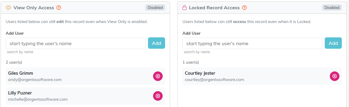 The Record Permissions tab with a View Only Access panel and a Locked Record Access panel, each with an Add User box