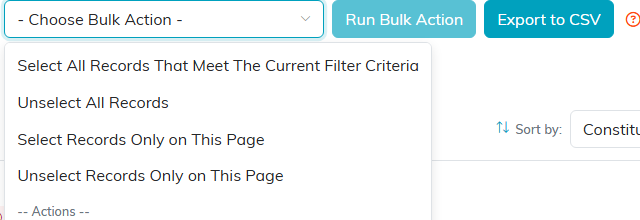 The bulk action dropdown open on a list page with Select All Records That Meet The Current Filter Criteria at the top