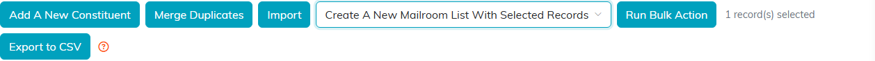 The list page toolbar with a mailroom bulk action chosen, the Run Bulk Action button and a record count