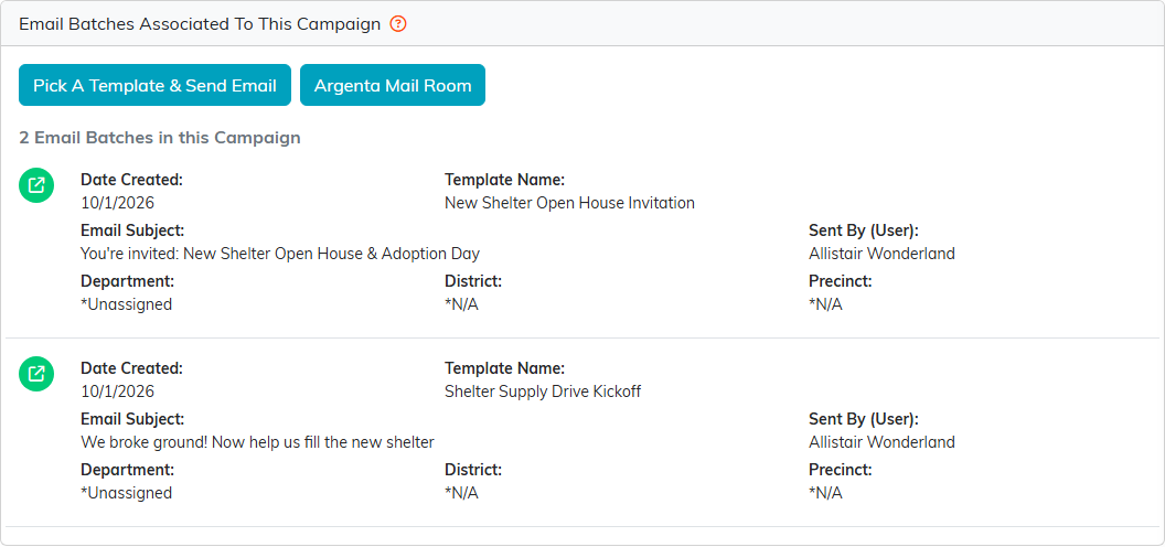 The campaign Email Batches tab listing sent batches with template name, subject and sender