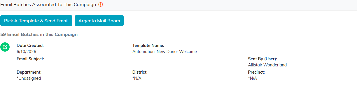 The campaign Email Batches tab listing sent batches with template name, subject and sender