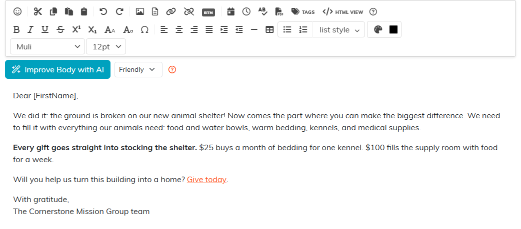 The email body editor with its toolbar, the Improve Body with AI button and a drafted message
