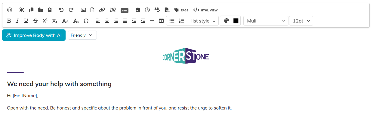 The email body editor with its toolbar, the Improve Body with AI button and a drafted message