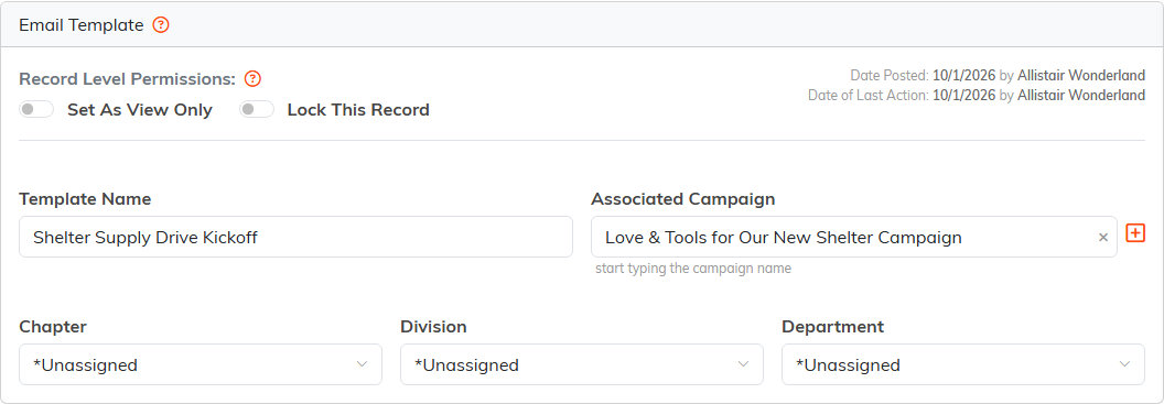 The Template Details tab with the Template Name field and the Associated Campaign lookup