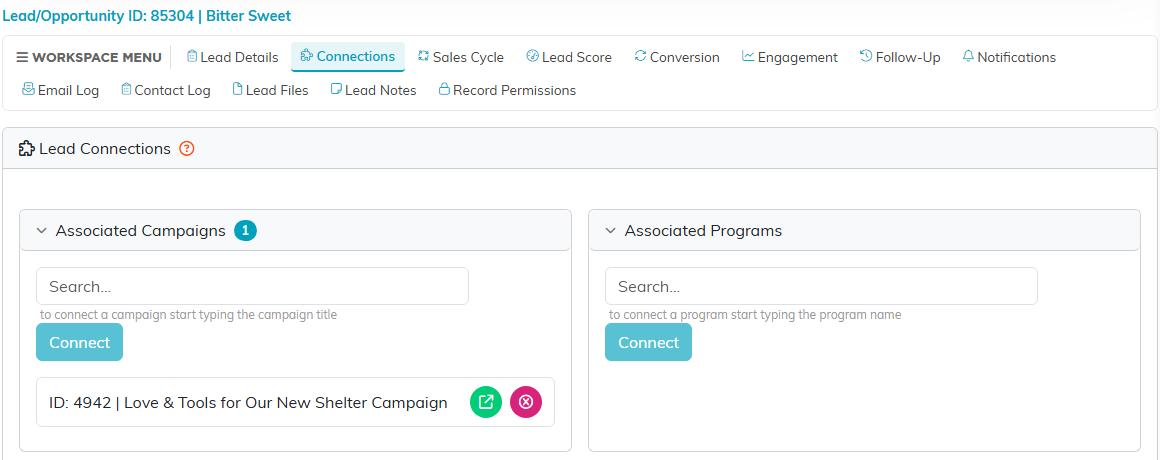 The Connections page of a lead, with Love and Tools for Our New Shelter Campaign listed under Associated Campaigns