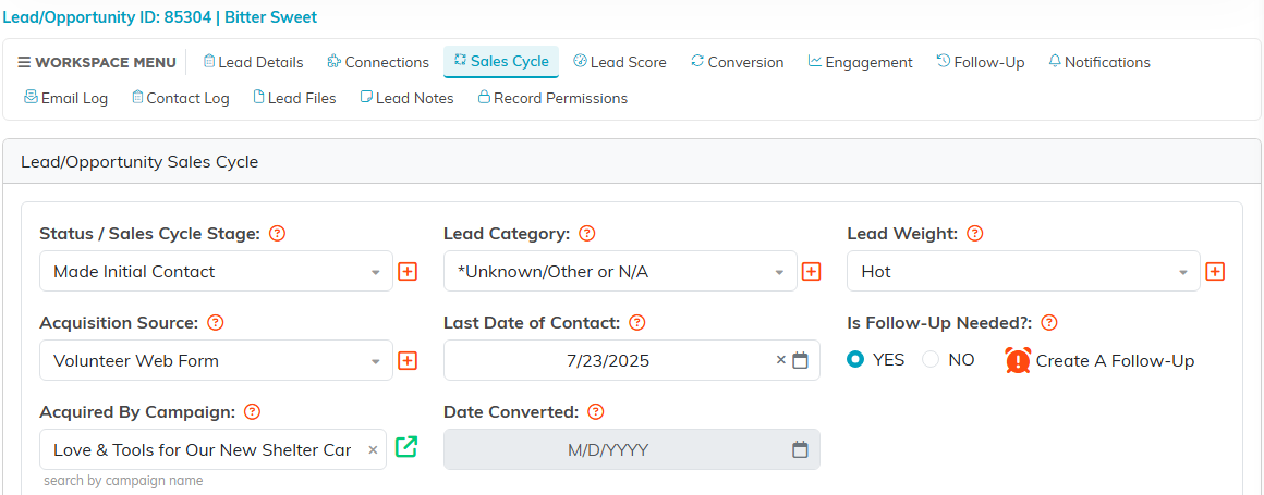 The Sales Cycle page of a lead showing Status / Sales Cycle Stage, Lead Category, Lead Weight, Acquisition Source, Last Date of Contact, Is Follow-Up Needed, Acquired By Campaign and Date Converted