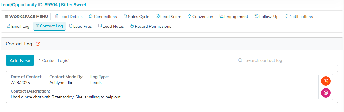The Contact Log page of a lead with one entry showing the date of contact, who made it, and the description