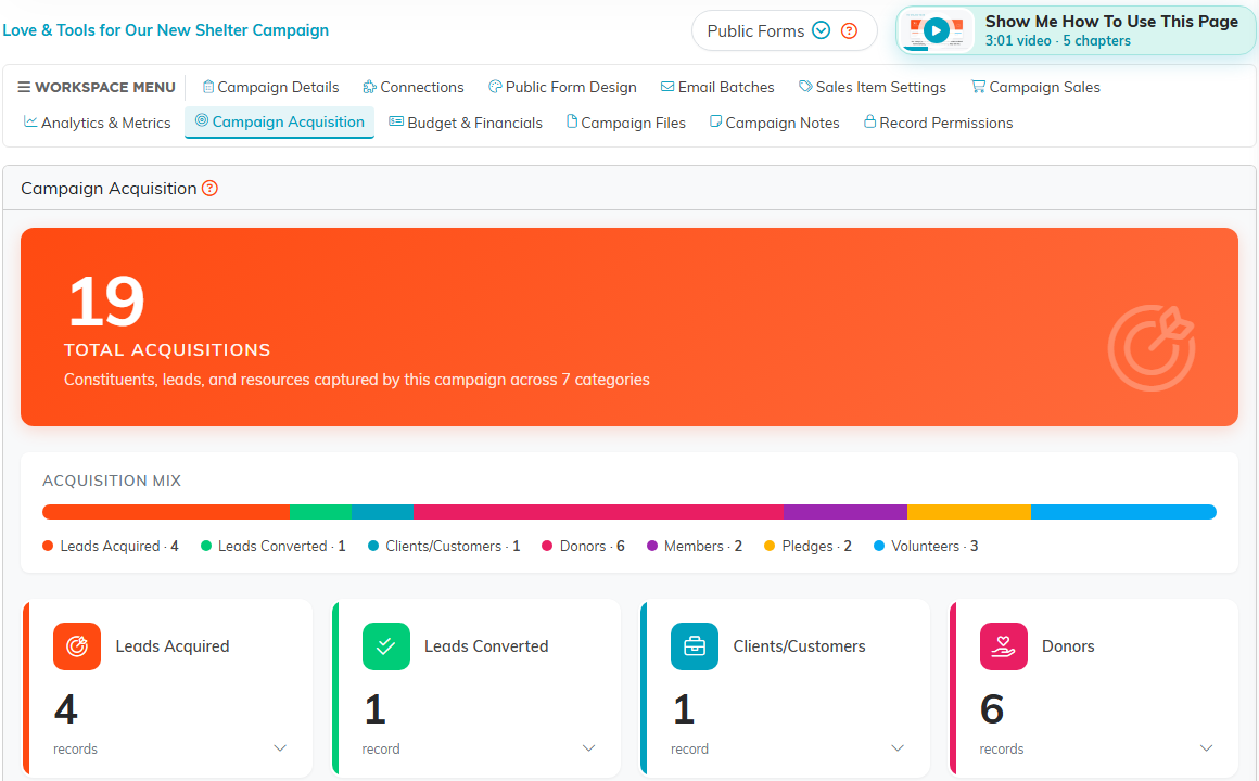 The Campaign Acquisition page of a campaign with the total acquisitions panel, the acquisition mix, and the Leads Acquired and Leads Converted cards