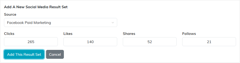 The Add A New Social Media Result Set form with a source and four numbers