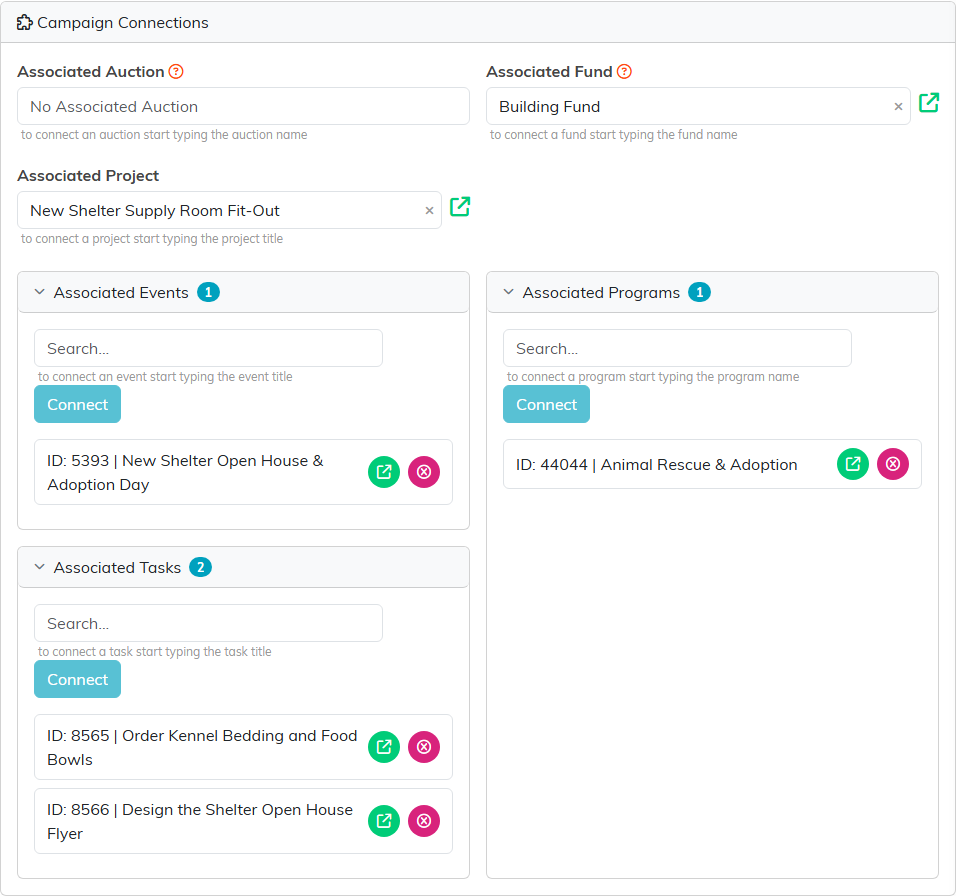 The Campaign Connections page with an associated fund, project, event, program and two tasks