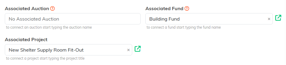 The Associated Auction, Associated Fund and Associated Project fields